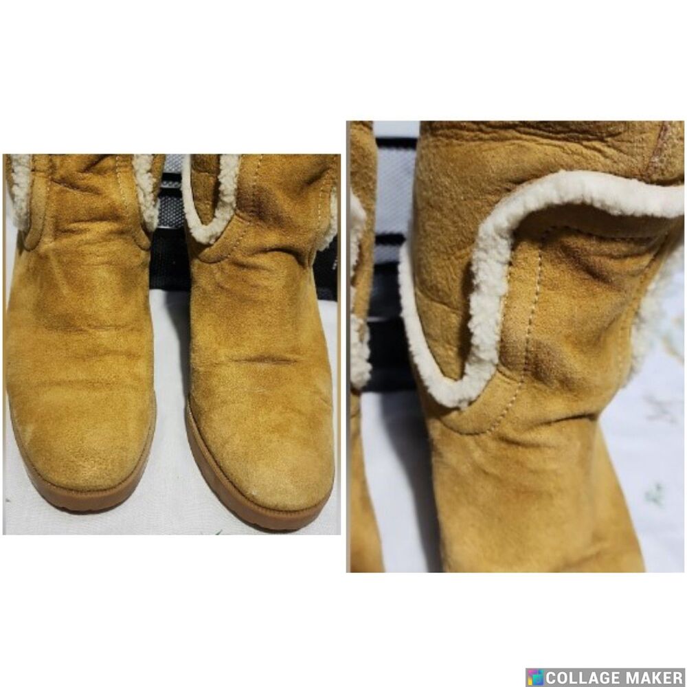 Gucci Tan Suede Shearling Wedge Heel Boots Womens 6.5 B Winter Luxury - Picture 8 of 15